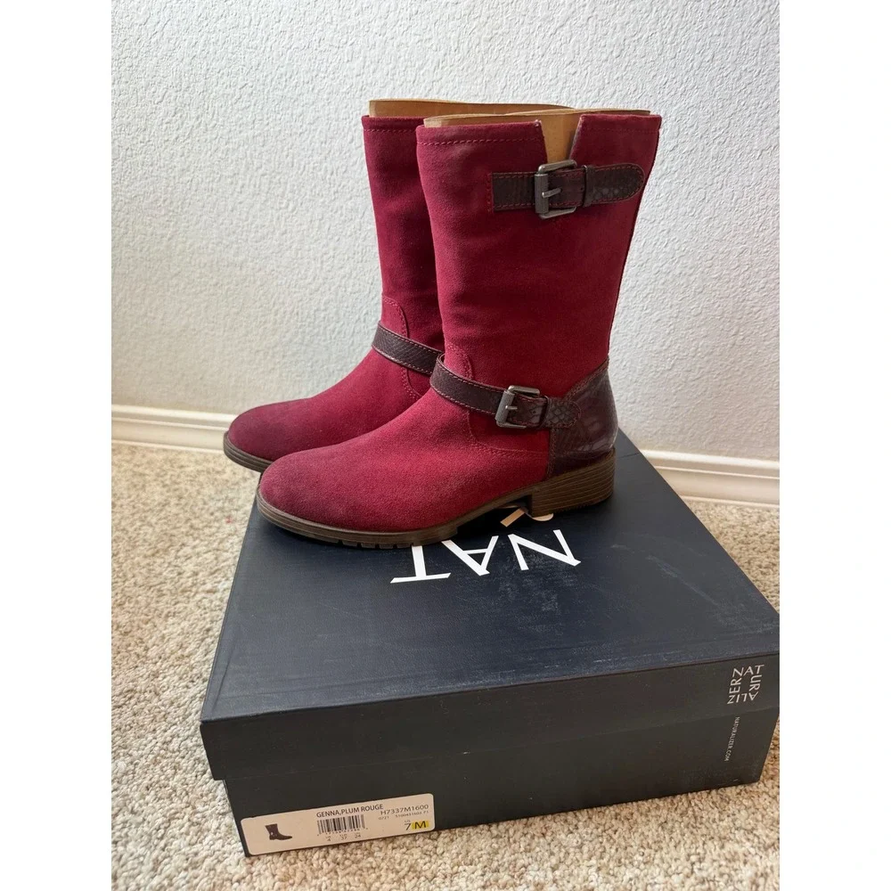 Naturalizer Genna Plum Rouge Suede Mid-Calf Buckle Boots Women's 7M